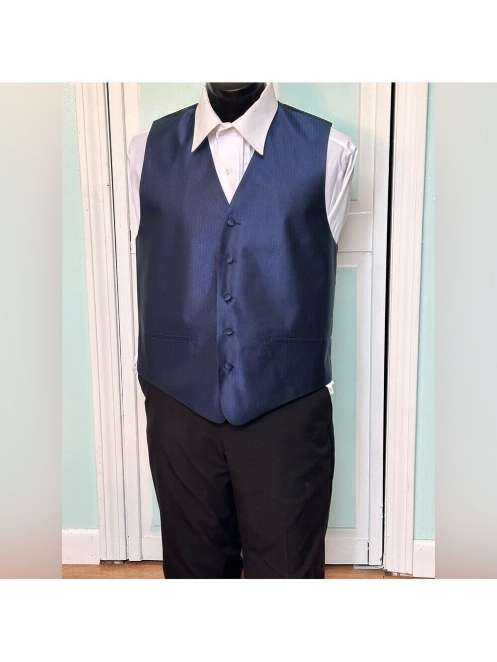 Navy Dark Blue Herringbone Closed Back Vest Wedding Prom Men’s 2X 2XL XXL